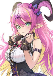Rule 34 | 1girl, arm strap, asymmetrical horns, bare shoulders, blonde hair, blush, bow, breasts, chest harness, colored inner hair, curled horns, demon horns, dress, green eyes, guchico, hair between eyes, hair bow, hair ornament, harness, headphones, headphones around neck, holding, holding headphones, hololive, horns, long hair, looking at viewer, mano aloe, medium breasts, multicolored hair, nail polish, official art, pink hair, pointy ears, purple nails, skull, sleeveless, sleeveless dress, smile, solo, streaked hair, two-tone hair, uneven horns, virtual youtuber, wrist cuffs