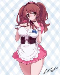 Rule 34 | 1girl, artist name, asahina mikuru, blush, breasts, brown eyes, brown hair, corset, cowboy shot, dated, dress, flying sweatdrops, hairband, hands on own chest, highres, large breasts, long hair, looking at viewer, maid, medium breasts, name tag, official alternate hairstyle, pink dress, scarlet zel, smile, solo, suzumiya haruhi no yuuutsu, twintails
