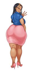 Rule 34 | 1girl, absurdres, ass, back, backboob, breasts, closed eyes, clothes, female focus, heels, highres, huge ass, large breasts, long hair, looking back, nico robin, one piece, plump, simple background, smile, solo, sunglasses, sunglasses on head, sunnysundown, sweat, thick thighs, thighs, white background