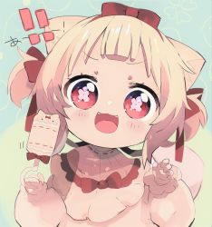 Rule 34 | !, !!, 1girl, :3, :d, absurdres, amai hiyo, amai hiyo channel, animal ears, blonde hair, blunt bangs, bow, cat ears, cat girl, child, commentary, eyelashes, fangs, hair bow, hair ribbon, highres, holding, indie virtual youtuber, long sleeves, looking at viewer, megaron, open mouth, puffy long sleeves, puffy sleeves, rattle, red eyes, ribbon, short hair, short twintails, smile, solo, symbol-shaped pupils, twintails, upper body, virtual youtuber