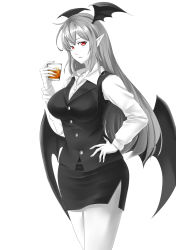 Rule 34 | 1girl, bat wings, breasts, collared shirt, dress shirt, glass, greyscale, hand on own hip, head tilt, head wings, highres, ice, ice cube, koakuma, large breasts, long hair, looking at viewer, low wings, macline, monochrome, pointy ears, red eyes, shirt, side slit, simple background, skirt, skirt set, solo, spot color, touhou, vest, white background, white shirt, wings