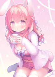 Rule 34 | 1girl, :o, animal ears, bow, breasts, cleavage, commentary request, cup, hair between eyes, hair bow, hair ornament, highres, holding, holding cup, jacket, long hair, long sleeves, looking at viewer, medium breasts, mug, no shoes, open clothes, open jacket, original, parted lips, pink hair, pink shorts, purple bow, purple eyes, rabbit ears, rabbit girl, rabbit tail, sakura (usashiro mani), short shorts, shorts, sitting, sleeves past wrists, solo, tail, thighhighs, usashiro mani, wariza, white jacket, white thighhighs