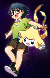 Rule 34 | 1boy, :d, black hair, brown eyes, brown shorts, collared shirt, commentary request, creatures (company), game freak, gen 3 pokemon, glasses, glowing, green footwear, green shirt, highres, jirachi, legendary pokemon, male focus, max (pokemon), mythical pokemon, nagiru, nintendo, official style, open mouth, outline, outstretched arms, pokemon, pokemon (anime), pokemon (creature), pokemon rse (anime), shirt, shoes, short hair, short sleeves, shorts, smile, teeth, tongue