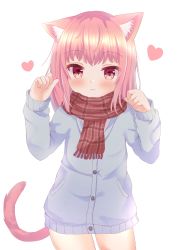 Rule 34 | 1girl, animal ears, blonde hair, cardigan, cat ears, cat girl, cat tail, long sleeves, looking at viewer, no pants, original, paw pose, pink hair, plaid, plaid scarf, scarf, short hair, slit pupils, smile, tail, umi suzume