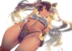 Rule 34 | 1girl, armlet, bikini, black bikini, black bow, black hair, bow, breasts, bridal gauntlets, closed mouth, cowboy shot, curvy, dutch angle, fate/grand order, fate (series), from below, halterneck, hands on own hips, highleg, highleg bikini, highleg bikini bottom, ishtar (fate), large breasts, mismatched bikini, navel, panties, red eyes, solo, swimsuit, thighs, thong, twintails, two side up, underwear, white background, white bikini, yoshimoto (dear life)