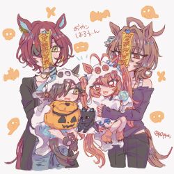 Rule 34 | 4girls, aged down, agnes tachyon (umamusume), ahoge, animal ears, antenna hair, brown eyes, brown hair, candy, casual, commentary request, daiwa scarlet (umamusume), doting parent, ear ornament, earrings, eyepatch, fang, food, ghost costume, hair between eyes, hair intakes, hair over one eye, halloween, halloween costume, highres, holding, holding candy, holding food, holding lollipop, horse ears, horse girl, horse tail, huge ahoge, jack-o&#039;-lantern, jewelry, light brown hair, lollipop, long hair, medium hair, messy hair, multiple girls, off-shoulder shirt, off shoulder, ofuda, one eye covered, open mouth, paw shoes, pepparx2, shirt, short hair, single earring, stuffed animal, stuffed cat, stuffed toy, tail, tanino gimlet (umamusume), translation request, twintails, umamusume, very long hair, vodka (umamusume), yellow eyes