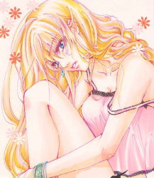 Rule 34 | 00s, 1girl, bare shoulders, blonde hair, blue eyes, bracelet, camisole, collarbone, eyebrows, floral background, from side, head tilt, hugging own legs, jewelry, lace trim, long hair, looking at viewer, macross, macross frontier, parted lips, pink lips, sagirin729, sheryl nome, simple background, sitting, solo, strap slip, upper body, wavy hair, white background