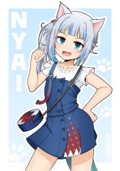 Rule 34 | 1girl, animal ears, blue eyes, blue hair, blush, cat ears, fang, fins, fish tail, gawr gura, gawr gura (casual), hair ornament, highres, hololive, hololive english, izuthree, looking at viewer, multicolored hair, official alternate costume, open mouth, shark tail, silver hair, smile, solo, streaked hair, tail, virtual youtuber