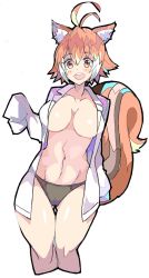 Rule 34 | 1girl, :d, animal ear fluff, animal ears, antenna hair, black panties, blazblue, breasts, brown hair, center opening, collarbone, collared shirt, cropped legs, dress shirt, enpe, gluteal fold, hair between eyes, hand up, highres, large breasts, makoto nanaya, multicolored hair, navel, no bra, no pants, open clothes, open mouth, open shirt, orange eyes, panties, shirt, simple background, sleeves past fingers, sleeves past wrists, smile, solo, squirrel ears, squirrel girl, squirrel tail, stomach, tail, teeth, thigh gap, thighs, toned, two-tone hair, underwear, upper teeth only, white background, white shirt