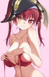 Rule 34 | 1girl, absurdres, bicorne, black hat, blush, breasts, closed mouth, collarbone, hair between eyes, hair ribbon, hat, heart, heart in eye, heterochromia, highres, hololive, houshou marine, houshou marine (1st costume), kuwakuma, large breasts, long hair, looking at viewer, navel, pink background, pirate hat, red eyes, red hair, red ribbon, ribbon, smile, solo, symbol in eye, twintails, virtual youtuber, yellow eyes