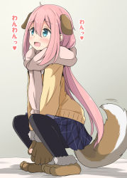 Rule 34 | 1girl, :d, aikawa ryou, animal ears, black pantyhose, blue eyes, blue skirt, blush, brown footwear, brown gloves, brown scarf, commentary request, dog ears, dog girl, dog tail, fringe trim, fur-trimmed gloves, fur trim, gloves, grey background, hair between eyes, highres, kagamihara nadeshiko, kemonomimi mode, long hair, long sleeves, looking away, open mouth, pantyhose, paw shoes, pink hair, pleated skirt, scarf, shoes, simple background, skirt, smile, solo, squatting, sweater, tail, tail raised, translation request, very long hair, yellow sweater, yurucamp