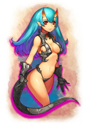 Rule 34 | 1girl, armor, bikini armor, blue hair, breasts, cleavage, demon girl, gloves, gurimjang, horns, large breasts, long hair, original, pointy ears, red eyes, smile, solo, tail