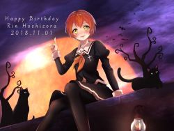 Rule 34 | 10s, 1girl, :d, artist request, bat wings, belt, blush, boots, cape, cat, demon tail, fake horns, fingerless gloves, gloves, hairband, halloween, highres, horns, hoshizora rin, love live!, love live! school idol project, open mouth, orange hair, paw pose, pinstripe pattern, short hair, sitting, smile, solo, striped clothes, striped gloves, tail, wariza, wings, yellow eyes