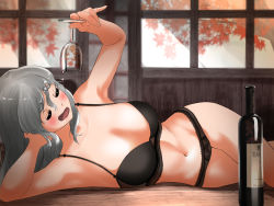 Rule 34 | 1girl, alcohol, armpits, autumn, autumn leaves, black bra, black panties, blush, bottle, bra, breasts, closed mouth, cup, drinking glass, drunk, grey hair, hair between eyes, highres, kantai collection, large breasts, lying, navel, on floor, on side, panties, pola (kancolle), solo, tama (tamago), thick eyebrows, underwear, wavy hair, window, wine, wine bottle, wine glass