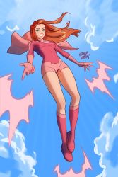 Rule 34 | 1girl, artist name, atom eve, blue sky, blush, bodysuit, boots, breasts, capelet, commentary, day, english commentary, eyebrows, female focus, floating hair, flying, full body, green eyes, highres, invincible (series), knee boots, lips, long hair, looking at viewer, manda schank, nose, orange hair, outdoors, outstretched hand, parted lips, pink capelet, pink footwear, pink lips, samantha eve wilkins, signature, skin tight, sky, smile, solo
