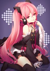Rule 34 | 10s, 1girl, :p, animal, animal on shoulder, artist name, arukanu, bare shoulders, bat (animal), black dress, black thighhighs, boots, chiiririn, detached sleeves, dress, finger to mouth, krul tepes, long hair, looking at viewer, owari no seraph, pink eyes, pink hair, pointy ears, smile, solo, thigh boots, thighhighs, tongue, tongue out, two side up, vampire, very long hair