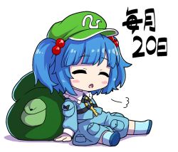 Rule 34 | 1girl, puff of air, backpack, bag, blue hair, blush stickers, chibi, full body, hair bobbles, hair ornament, hat, itani illust, kawashiro nitori, key, open mouth, pocket, sitting, solo, touhou, two side up