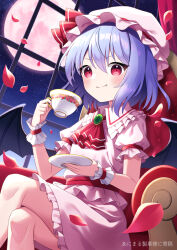 Rule 34 | 1girl, ascot, bat wings, chair, closed mouth, commentary request, crossed legs, cup, fang, full moon, hat, hat ribbon, highres, holding, holding cup, looking at viewer, mob cap, moon, night, pink hat, purple hair, red ascot, red eyes, red ribbon, remilia scarlet, ribbon, short hair, short sleeves, sitting, smile, solo, star (sky), suzuno naru, teacup, touhou, window, wings
