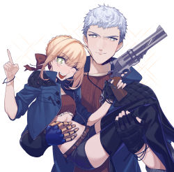 Rule 34 | 1boy, 1girl, black gloves, blonde hair, blue rose (gun), carrying, crop top, cropped jacket, crossover, devil may cry (series), devil may cry 5, fate/extra, fate (series), gloves, green eyes, gun, highres, holding, jacket, jewelry, liangchanxingmingrixiang, mechanical arms, midriff, name connection, necklace, nero (devil may cry), nero claudius (fate), nero claudius (fate) (all), nero claudius (fate/extra), one eye closed, pointing, princess carry, prosthesis, prosthetic hand, shorts, simple background, single glove, single mechanical arm, smile, thighhighs, thighs, ultra asuka, weapon, white background, white hair