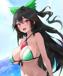 Rule 34 | 1girl, :d, absurdres, bare shoulders, bikini, black hair, blush, bow, breasts, chest jewel, day, eyelashes, green bikini, green bow, hair between eyes, hair bow, halterneck, happy, highres, large breasts, long hair, navel, no wings, open mouth, outdoors, red eyes, reiuji utsuho, sidelighting, smile, solo, sugar you, swimsuit, touhou, very long hair