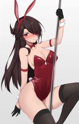 Rule 34 | 1girl, absurdres, animal ears, arm strap, arm up, bare shoulders, beidou (genshin impact), black gloves, black hair, black thighhighs, bow choker, breasts, choker, cleavage, covered navel, eyepatch, fake animal ears, fake tail, feint721, genshin impact, gloves, hair over one eye, hairband, half updo, highleg, highleg leotard, highres, knee up, leotard, long hair, looking at viewer, medium breasts, parted lips, playboy bunny, pole, pole dancing, rabbit ears, rabbit tail, red choker, red eyes, red leotard, simple background, solo, strapless, strapless leotard, sweatdrop, tail, thighhighs, thighs, white background, wrist cuffs
