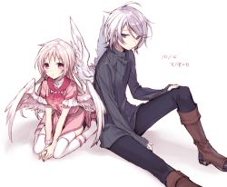 Rule 34 | 1boy, 1girl, angel wings, blush, boots, dated, dress, frills, highres, hijiri (resetter), long hair, looking at viewer, open mouth, original, pink eyes, pink hair, purple eyes, purple hair, seiza, short hair, sitting, sketch, sweater, thighhighs, white background, wings