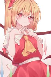Rule 34 | 1girl, back bow, blonde hair, bow, breasts, closed mouth, collared shirt, cowboy shot, flandre scarlet, frilled shirt collar, frilled sleeves, frills, hair between eyes, highres, korira, long hair, looking at viewer, multicolored wings, no headwear, one side up, own hands together, puffy short sleeves, puffy sleeves, red eyes, red skirt, red vest, shirt, short sleeves, skirt, skirt set, small breasts, solo, steepled fingers, touhou, vest, white bow, white shirt, wings