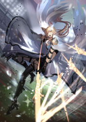 Rule 34 | 1girl, animal ear fluff, animal ears, arknights, armored boots, black gloves, black shorts, blonde hair, boots, coat, commentary request, crowd, dynamic pose, energy spear, energy sword, gloves, grass, highres, holding, holding polearm, holding weapon, horse ears, horse girl, long coat, natsuba002, nearl (arknights), nearl the radiant knight (arknights), no headwear, open mouth, polearm, shorts, sleeveless, solo, spotlight, stadium, sword, thigh boots, thighhighs, weapon, white coat, yellow eyes, zettai ryouiki