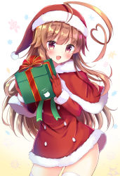Rule 34 | 1girl, :d, ahoge, bad id, bad pixiv id, blush, brown hair, capelet, commentary request, cowboy shot, dress, fang, fur trim, gift, gloves, hat, heart, heart ahoge, highres, holding, holding gift, kantai collection, kuma (kancolle), long hair, long sleeves, looking at viewer, masayo (gin no ame), merry christmas, open mouth, red capelet, red dress, red eyes, red gloves, red hat, santa costume, santa hat, sidelocks, smile, snowflakes, solo, standing, thighhighs, white thighhighs