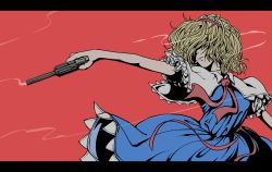 Rule 34 | 1girl, alice margatroid, blonde hair, blue dress, capelet, cigarette, closed mouth, commentary request, cookie (touhou), cowboy shot, dress, frilled hairband, frilled sleeves, frills, gun, hair between eyes, hair over eyes, hairband, handgun, highres, holding, holding gun, holding weapon, jigen (cookie), letterboxed, necktie, red hairband, red necktie, red sash, revolver, sash, shirt, short hair, simple background, sleeveless, sleeveless dress, smoke, smoking, smoking barrel, solo, touhou, weapon, white capelet, white shirt, zat (nicoseiga16862246)