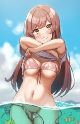 Rule 34 | 1girl, :d, absurdres, angelfish, bikini, blue sky, blush, breasts, brown hair, cleavage, clothes lift, cloud, clownfish, cowboy shot, day, fish, front-tie bikini top, front-tie top, grin, groin, head tilt, highres, idolmaster, idolmaster shiny colors, large breasts, lifted by self, long hair, looking at viewer, navel, open mouth, osaki amana, outdoors, parted lips, pink bikini, shirt, shirt lift, side-tie bikini bottom, sky, smile, solo, stomach, string bikini, swept bangs, swimsuit, tropical fish, underboob, wading, wanimaru, wardrobe malfunction, water, wet, white shirt, yellow eyes