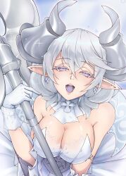 Rule 34 | 1girl, breasts, cleavage, demon girl, demon horns, demon wings, duel monster, earrings, gorgenzolla, grey eyes, halberd, highres, horns, jewelry, large breasts, looking at viewer, lovely labrynth of the silver castle, low wings, multiple wings, open mouth, parted lips, pointy ears, polearm, smile, solo, transparent wings, upper body, weapon, white horns, wings, yu-gi-oh!