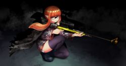Rule 34 | 1girl, absurdres, black footwear, black thighhighs, blunt bangs, boots, brown hair, camouflage, camouflage scarf, camouflage shirt, character request, expressionless, from side, gun, highres, holding, holding gun, holding weapon, inkling, inkling girl, inkling player character, looking at viewer, nintendo, rifle, scope, serious, shirt, short hair, short hair with long locks, short shorts, shorts, sidelocks, sinensian, sniper rifle, solo, splat charger (splatoon), splatoon (series), squatting, thighhighs, thighs, weapon, white shorts