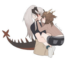 Rule 34 | 2girls, arkiwi, arknights, black shirt, black shorts, blue eyes, blush, brown hair, brown pants, brown shirt, carrying, carrying person, cropped legs, dragon girl, dragon horns, dragon tail, glasses, hands on another&#039;s face, highres, horns, infection monitor (arknights), material growth, multiple girls, oripathy lesion (arknights), owl ears, pants, ponytail, ribbed shirt, saria (arknights), shirt, short hair, short ponytail, shorts, sidelocks, silence (arknights), simple background, smile, socks, tail, white background, white socks, yellow eyes, yuri