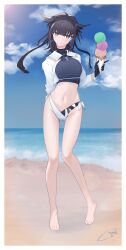 1girl absurdres adapted_costume bikini bikini_bottom_only black_bikini black_hair black_headband bodysuit breasts corinalyce1 food full_body grey_bikini grey_eyes hachimaki hair_flaps hatsuzuki_(kancolle) hatsuzuki_kai_ni_(kancolle) headband highres holding holding_ice_cream_cone ice_cream ice_cream_cone kantai_collection looking_at_viewer medium_breasts multicolored_bikini multicolored_clothes navel short_hair solo standing swimsuit triple_scoop white_bikini yellow_eyes