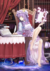 Rule 34 | 1girl, armchair, barefoot, book, bookshelf, bow, chair, cloudy.r, crescent, feathers, feet, feet on chair, floating, floating book, floating object, hat, highres, indoors, legs, long hair, looking at viewer, patchouli knowledge, purple eyes, purple hair, quill, sitting, solo, table, toes, touhou