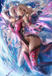 Rule 34 | 1girl, alternate costume, alternate hairstyle, blonde hair, blue eyes, breasts, cleavage, dress, hair ribbon, leotard, long hair, looking at viewer, mechanical wings, medium breasts, mercy (overwatch), nail polish, overwatch, overwatch 1, parted lips, pink dress, pink mercy, ribbon, sakimichan, solo, thighhighs, twintails, wings