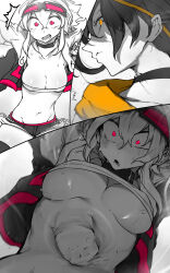 Rule 34 | 2girls, :o, absurdres, bandaged hand, bandages, battle, black choker, black shorts, black thighhighs, breasts, choker, cleavage, collarbone, covered erect nipples, cropped jacket, drooling, fighting stance, goggles, goggles on head, hayabusa (niwarhythm), highres, light blush, long bangs, looking at viewer, looking down, lower teeth only, medium breasts, midriff, motion blur, motion lines, multiple girls, navel, neferpitou, niwamaru (niwarhythm), niwarhythm, open mouth, original, partially shaded face, pink eyes, pink trim, pov, punching, shaded face, shiny skin, shockwave, short hair, short shorts, shorts, slow motion, smirk, stomach punch, strapless, surprised, sweat, teeth, thighhighs, toned, tube top, underboob, white background, wide-eyed, yellow eyes, yellow trim