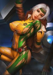 Rule 34 | 1girl, anna marie, artist name, bodysuit, boots, breasts, brown hair, claws, cleavage, gloves, green eyes, headband, jacket, large breasts, looking at viewer, marvel, multicolored hair, rogue (x-men), solo, torn bodysuit, torn clothes, two-tone hair, wolverine (x-men), x-men, yupachu