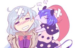 Rule 34 | 2girls, angry, animal ears, black dress, blue hair, blush, bow, bowtie, closed eyes, doremy sweet, doremy sweet (baku), dress, drooling, grey hair, grey jacket, guuchama, hat, jacket, kishin sagume, lowres, multicolored clothes, multicolored dress, multiple girls, nightcap, open clothes, open jacket, purple shirt, red bow, red bowtie, red headwear, shirt, simple background, tail, tapir ears, tapir tail, touhou, white background, white dress