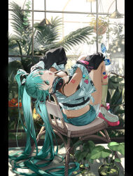 Rule 34 | 1girl, :o, aqua eyes, aqua hair, arched back, arm tattoo, bandaid, bandaid on leg, black bra, black jacket, blue shorts, bottle, bra, breasts, chair, commentary request, day, denim, denim shorts, exposed pocket, fern, flower, green socks, hair ornament, hatsune miku, headphones, heart, highres, holding, holding bottle, indoors, jacket, knees up, long hair, long sleeves, looking at viewer, medium breasts, mona0101, no shirt, number tattoo, open clothes, open jacket, open mouth, pillarboxed, plant, ramune, shoes, shorts, sitting, sneakers, socks, solo, sunlight, tattoo, underwear, vase, very long hair, vocaloid, window