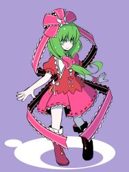 Rule 34 | 1girl, bad id, bad pixiv id, boots, bow, circle, collar, cross-laced footwear, dress, frilled collar, frilled shirt collar, frilled skirt, frills, front ponytail, full body, green eyes, green hair, hair bow, hair ribbon, highres, kagiyama hina, lace-up boots, long hair, matching hair/eyes, outstretched arms, puffy short sleeves, puffy sleeves, purple background, red dress, ribbon, short sleeves, simple background, skirt, skirt set, smile, solo, standing, totosehi, touhou, wrist ribbon