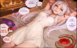 Rule 34 | 1boy, 1girl, aphrodisiac, armpits, breasts, commentary, earrings, elf, english commentary, english text, fireplace, frieren, green eyes, grey hair, heart, indoors, jewelry, kittew, long hair, looking at viewer, lying, mage staff, on back, on bed, paid reward available, pointy ears, potion, pov, sleepwear, small breasts, smile, solo focus, sousou no frieren, speech bubble, spill, stark (sousou no frieren), twintails