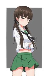 Rule 34 | 1girl, alternate costume, alternate hairstyle, black eyes, black hair, black neckerchief, black scrunchie, blouse, blunt bangs, blush, closed mouth, commentary, crossed arms, frown, girls und panzer, green skirt, grey background, hair ornament, hair scrunchie, half-closed eyes, kayabakoro, long hair, long sleeves, looking to the side, low twintails, midriff, miniskirt, navel, neckerchief, nishizumi shiho, ooarai school uniform, outside border, pleated skirt, sailor collar, school uniform, scrunchie, serafuku, shirt, skirt, solo, standing, straight hair, twintails, white sailor collar, white shirt
