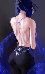 Rule 34 | 1girl, ass, back, backless outfit, bare back, bare shoulders, blue hair, from behind, genshin impact, highres, m alexa, multicolored hair, pants, short hair, shoulder blades, signature, solo, standing, two-tone hair, yelan (genshin impact)