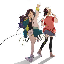 Rule 34 | 2girls, azusawa kohane, black hair, blue hair, commentary request, full body, gradient hair, hair down, hair ornament, hairclip, hand up, hat, headphones, headphones around neck, highres, holding, holding microphone, jacket, light brown hair, long hair, long sleeves, microphone, momomo (m0 3), multicolored hair, multiple girls, open clothes, open jacket, open mouth, orange eyes, partial commentary, project sekai, shiraishi an, short hair, short twintails, shorts, skirt, teeth, thighhighs, twintails, upper teeth only, white background