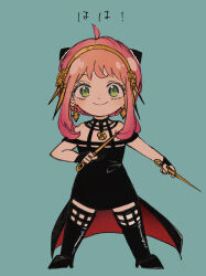 Rule 34 | 1girl, absurdres, ahoge, anya (spy x family), black dress, black footwear, black gloves, blush, boots, child, closed mouth, commentary request, cone hair bun, cosplay, dagger, double bun, dress, dual wielding, earrings, eyelashes, fingerless gloves, full body, gloves, gold earrings, gold hairband, green background, green eyes, hair bun, hairband, hairpods, highres, holding, holding weapon, jewelry, knife, looking at viewer, medium hair, peanuts omr, pink hair, sidelocks, simple background, sleeveless, sleeveless dress, smile, solo, split mouth, spy x family, standing, stiletto (weapon), thigh boots, translation request, two-sided dress, two-sided fabric, weapon, yor briar, yor briar (cosplay)
