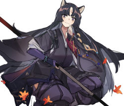Rule 34 | 1girl, animal ears, arknights, beads, black hair, black kimono, blush, breasts, closed mouth, commentary, cowboy shot, dog ears, elbow gloves, facial mark, fingerless gloves, floating hair, forehead mark, gloves, highres, holding, holding weapon, infection monitor (arknights), japanese clothes, kimono, leaf, long hair, looking at viewer, medium breasts, pants, parted bangs, polearm, prayer beads, purple eyes, purple gloves, purple pants, saga (arknights), simple background, smile, solo, straight hair, weapon, white background, yurooe