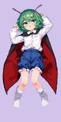 Rule 34 | 1girl, 999 (hansode), antennae, black cape, blue shorts, blush, buttons, cape, collared shirt, full body, green eyes, green hair, highres, long sleeves, looking at viewer, open mouth, pixel art, purple background, shirt, short hair, shorts, simple background, socks, solo, touhou, white shirt, white socks, wriggle nightbug