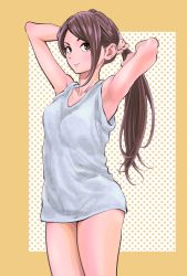 Rule 34 | 1girl, amakasu an, armpits, brown hair, dress, highres, long hair, mori taishi, official art, radiation house, sleeveless, sleeveless dress, solo